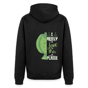 Scholle Fisch - Unisex Premium Bio Zip Hoodie - Schwarz - Hinten - Nico (187cm)