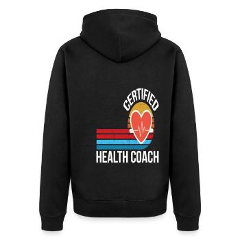 Certified Health Coach - Unisex Premium Bio Zip Hoodie - Schwarz - Hinten - Nico (187cm)