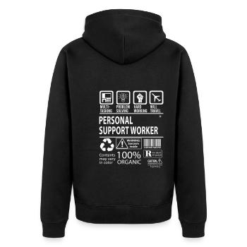 Personal Support Worker Multitasking - Unisex Premium Bio Zip Hoodie - Schwarz - Hinten - Nico (187cm)