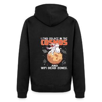 Ich finde Trost im Kosmos und in den Funklöchern. - Unisex Premium Bio Zip Hoodie - Schwarz - Hinten - Nico (187cm)