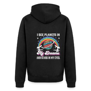Ich sehe Planeten in meinen Träumen und Sterne in meinen Augen. - Unisex Premium Bio Zip Hoodie - Schwarz - Hinten - Nico (187cm)