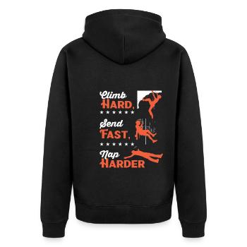 Klettern Sie hart, senden Sie schnell, machen Sie ein härteres Nickerchen - Unisex Premium Bio Zip Hoodie - Schwarz - Hinten - Nico (187cm)