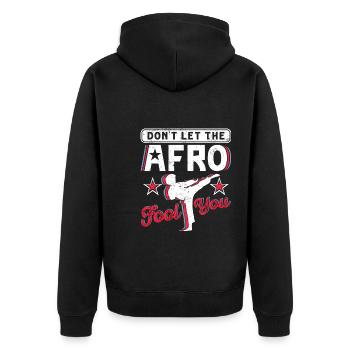 Lassen Sie sich nicht vom Afro täuschen - Unisex Premium Bio Zip Hoodie - Schwarz - Hinten - Nico (187cm)