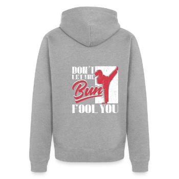Lassen Sie sich nicht vom Dutt täuschen - Unisex Premium Bio Zip Hoodie - Grau meliert - Hinten - Nico (187cm)