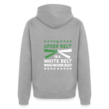 Ein grüner Gürtel ist ein weißer Gürtel, der niemals aufgibt - Unisex Premium Bio Zip Hoodie - Grau meliert - Hinten - Nico (187cm)