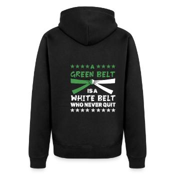 Ein grüner Gürtel ist ein weißer Gürtel, der niemals aufgibt - Unisex Premium Bio Zip Hoodie - Schwarz - Hinten - Nico (187cm)