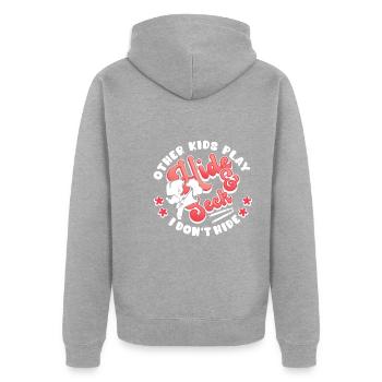 Andere Kinder spielen Verstecken, ich verstecke mich nicht - Unisex Premium Bio Zip Hoodie - Grau meliert - Hinten - Nico (187cm)