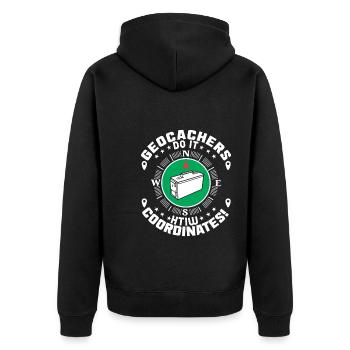 Geocacher machen das mit Koordinaten! - Unisex Premium Bio Zip Hoodie - Schwarz - Hinten - Nico (187cm)