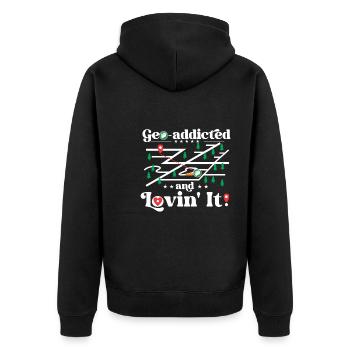 Geo-süchtig und liebend! - Unisex Premium Bio Zip Hoodie - Schwarz - Hinten - Nico (187cm)