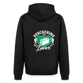 Geocaching-Liebhaber - Unisex Premium Bio Zip Hoodie - Schwarz - Hinten - Nico (187cm)