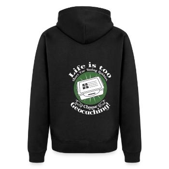 Zu kurz für langweilige Hobbys. Entscheide dich für Geocaching! - Unisex Premium Bio Zip Hoodie - Schwarz - Hinten - Nico (187cm)