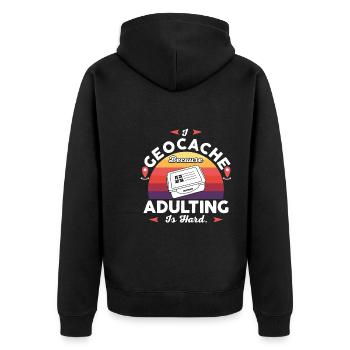 Ich geocache, weil das Erwachsenwerden schwer ist. - Unisex Premium Bio Zip Hoodie - Schwarz - Hinten - Nico (187cm)