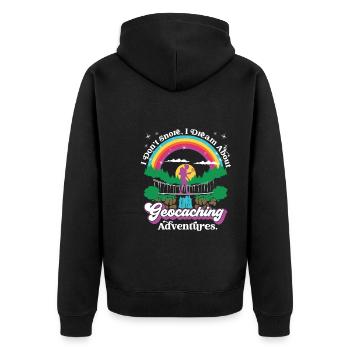 schnarche nicht, ich träume von Geocaching-Abenteuern. - Unisex Premium Bio Zip Hoodie - Schwarz - Hinten - Nico (187cm)