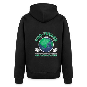 bereit, die Welt zu erkunden, einen Cache nach dem anderen. - Unisex Premium Bio Zip Hoodie - Schwarz - Hinten - Nico (187cm)
