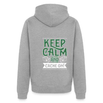 Ruhe bewahren und cachen! - Unisex Premium Bio Zip Hoodie - Grau meliert - Hinten - Nico (187cm)