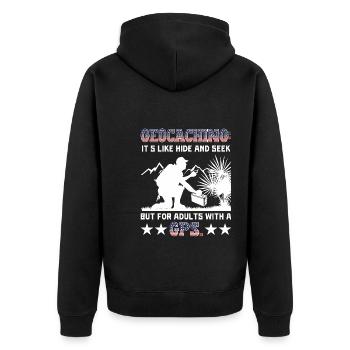 wie Verstecken, aber für Erwachsene mit GPS. - Unisex Premium Bio Zip Hoodie - Schwarz - Hinten - Nico (187cm)