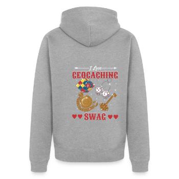 J’adore Geocaching Swag - Veste à capuche bio Premium Unisexe - gris chiné - Dos - Nico (187cm)
