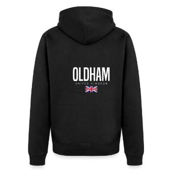 Oldham, England, United Kingdom - Unisex Premium Organic Zip Hoodie - black - Back - Nico (187cm)