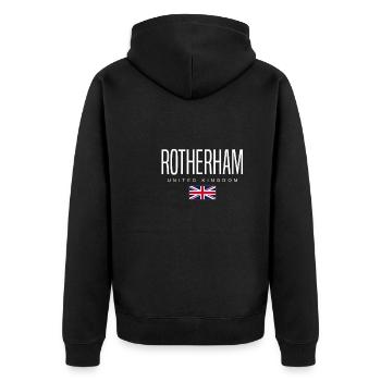 Rotherham, England, United Kingdom - Unisex Premium Organic Zip Hoodie - black - Back - Nico (187cm)