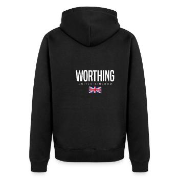 Worthing, England, United Kingdom - Unisex Premium Organic Zip Hoodie - black - Back - Nico (187cm)