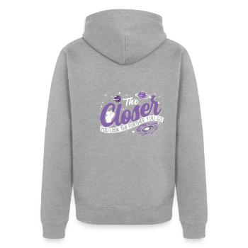 The closer you look the further you go - Unisex Premium Organic Zip Hoodie - heather grey - Back - Nico (187cm)