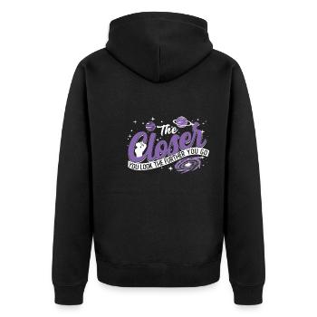 The closer you look the further you go - Unisex Premium Organic Zip Hoodie - black - Back - Nico (187cm)
