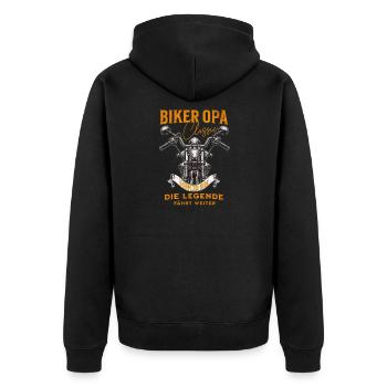 Biker Opa – Die Legende fährt weiter - Unisex Premium Bio Zip Hoodie - Schwarz - Hinten - Nico (187cm)