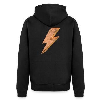 Blitzsymbol in warmem Orange 3D - Unisex Premium Bio Zip Hoodie - Schwarz - Hinten - Nico (187cm)