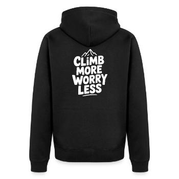 Klettern Sie mehr, sorgen Sie sich weniger - Unisex Premium Bio Zip Hoodie - Schwarz - Hinten - Nico (187cm)