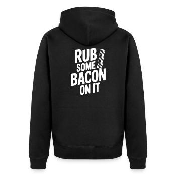 Reib etwas Speck darauf - Unisex Premium Bio Zip Hoodie - Schwarz - Hinten - Nico (187cm)