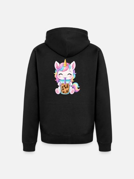 Niedlicher Einhorn mit Bubble Tea - Unisex Premium Bio Zip Hoodie - Schwarz