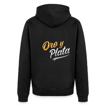Gold und Silber Montana-Design für stolze Montaner - Unisex Premium Bio Zip Hoodie - Schwarz - Hinten - Nico (187cm)