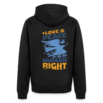 Menschenrechte Frieden - Unisex Premium Bio Zip Hoodie - Schwarz - Hinten - Nico (187cm)