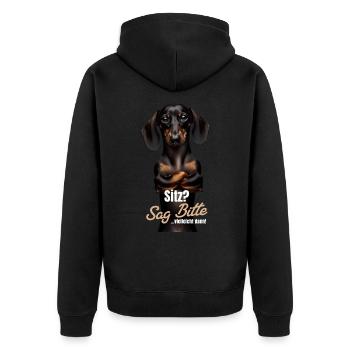 Sitz? Sag bitte... Vielleicht dann - Dackel Teckel - Unisex Premium Bio Zip Hoodie - Schwarz - Hinten - Nico (187cm)