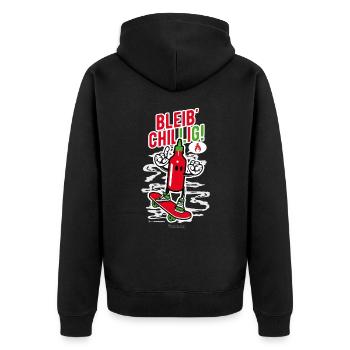 Spruch "Bleib' Chillig!" und Chili auf Skateboard - Unisex Premium Bio Zip Hoodie - Schwarz - Hinten - Nico (187cm)