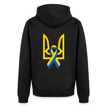 Wappen der Ukraine mit Schleife für Frieden - Unisex Premium Bio Zip Hoodie - Schwarz - Hinten - Nico (187cm)