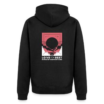 Liebe ist die beste Art von Abenteuer - Unisex Premium Bio Zip Hoodie - Schwarz - Hinten - Nico (187cm)