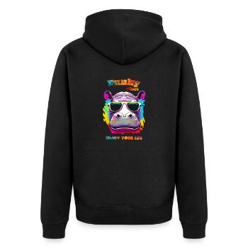 Funky Vibes. Genieße dein Leben. Nilpferd - Unisex Premium Bio Zip Hoodie - Schwarz - Hinten - Nico (187cm)