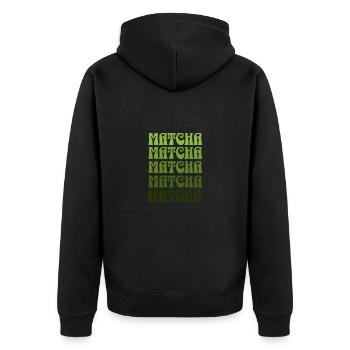 But First Matcha – Grüner Tee Vibes Design - Unisex Premium Bio Zip Hoodie - Schwarz - Hinten - Nico (187cm)