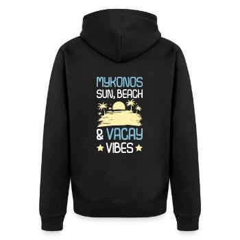 Mykonos Sommer Spruch - Unisex Premium Bio Zip Hoodie - Schwarz - Hinten - Nico (187cm)