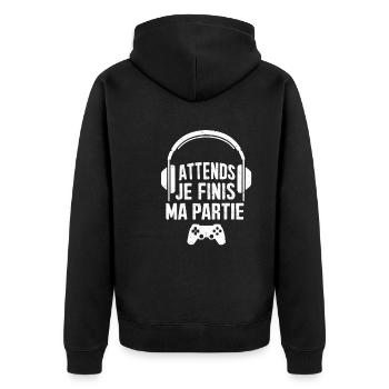 Gamer - Warte, ich beende mein Spiel - Geek-Geschenk - Unisex Premium Bio Zip Hoodie - Schwarz - Hinten - Nico (187cm)
