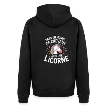 In einer Welt der Pferde Sei ein Einhorn Humor - Unisex Premium Bio Zip Hoodie - Schwarz - Hinten - Nico (187cm)