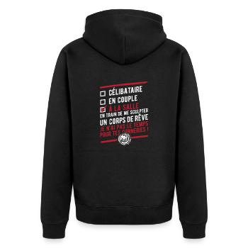 "Célibataire en couple à la salle" - Veste à capuche bio Premium Unisexe - noir - Dos - Nico (187cm)