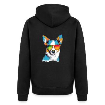 Toru, der Hund mit der Brille - Unisex Premium Bio Zip Hoodie - Schwarz - Hinten - Nico (187cm)