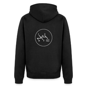 Schaltschema Just Pray 4 Gang luftgekühlt - Unisex Premium Bio Zip Hoodie - Schwarz - Hinten - Nico (187cm)
