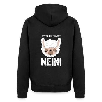 Bevor du fragst - Nein! - Lama - Spruch - Unisex Premium Bio Zip Hoodie - Schwarz - Hinten - Nico (187cm)