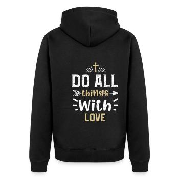 Do all things with love - Jesus - Unisex Premium Bio Zip Hoodie - Schwarz - Hinten - Nico (187cm)
