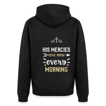 His mercies are new every morning - Unisex Premium Bio Zip Hoodie - Schwarz - Hinten - Nico (187cm)