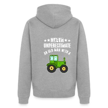 Never Underestimate Traktor - Unisex Premium Bio Zip Hoodie - Grau meliert - Hinten - Nico (187cm)