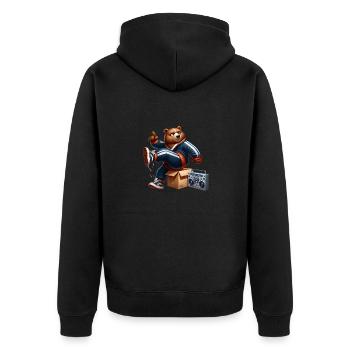 Ein 80er-Jahre-Bär beim Breakdance neben einem Ghettoblaster. - Unisex Premium Bio Zip Hoodie - Schwarz - Hinten - Nico (187cm)